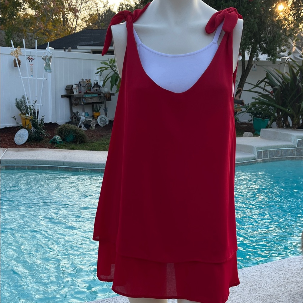 RED LOLLY Holiday Chiffon Layered Red Tunic w/ Tie-Shoulder Straps SZ: L